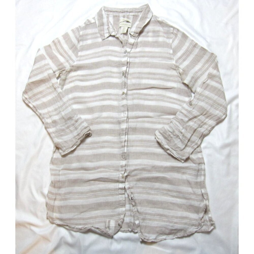 Cynthia Rowley Linen Striped Button Tunic Shirt Women Sz M Beach Coastal Resort